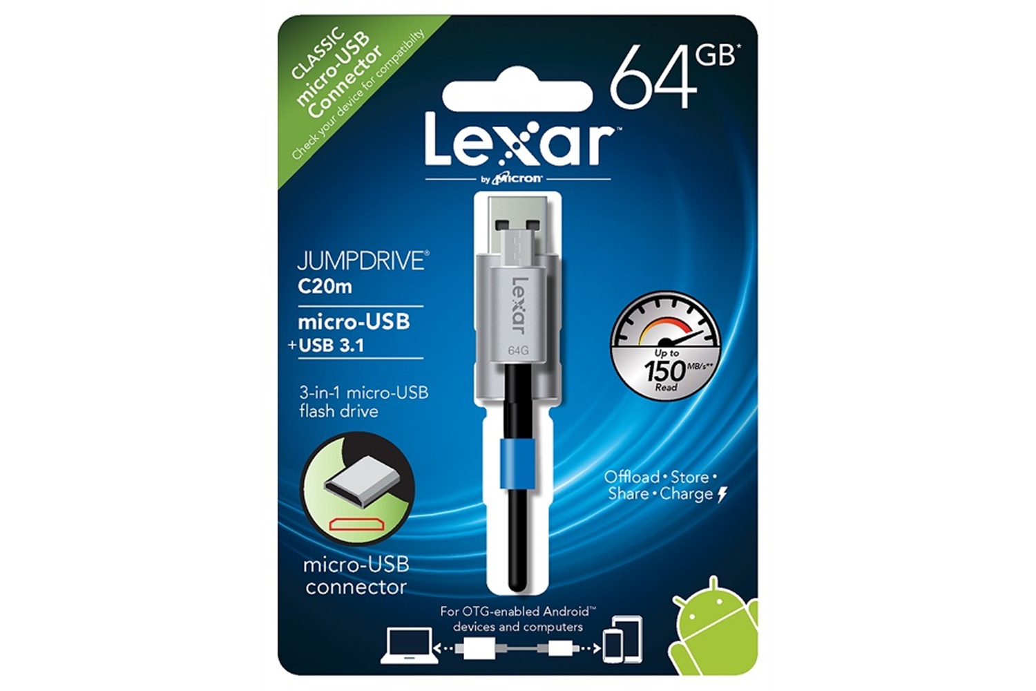 Lexar Jumpdrive C20m 64 GB Micro USB 3.1 OTG USB Bellek Android